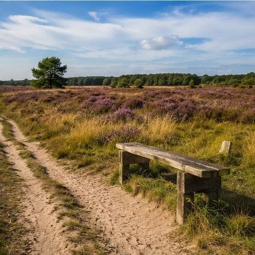 Bankje langs een zandpad op de heide